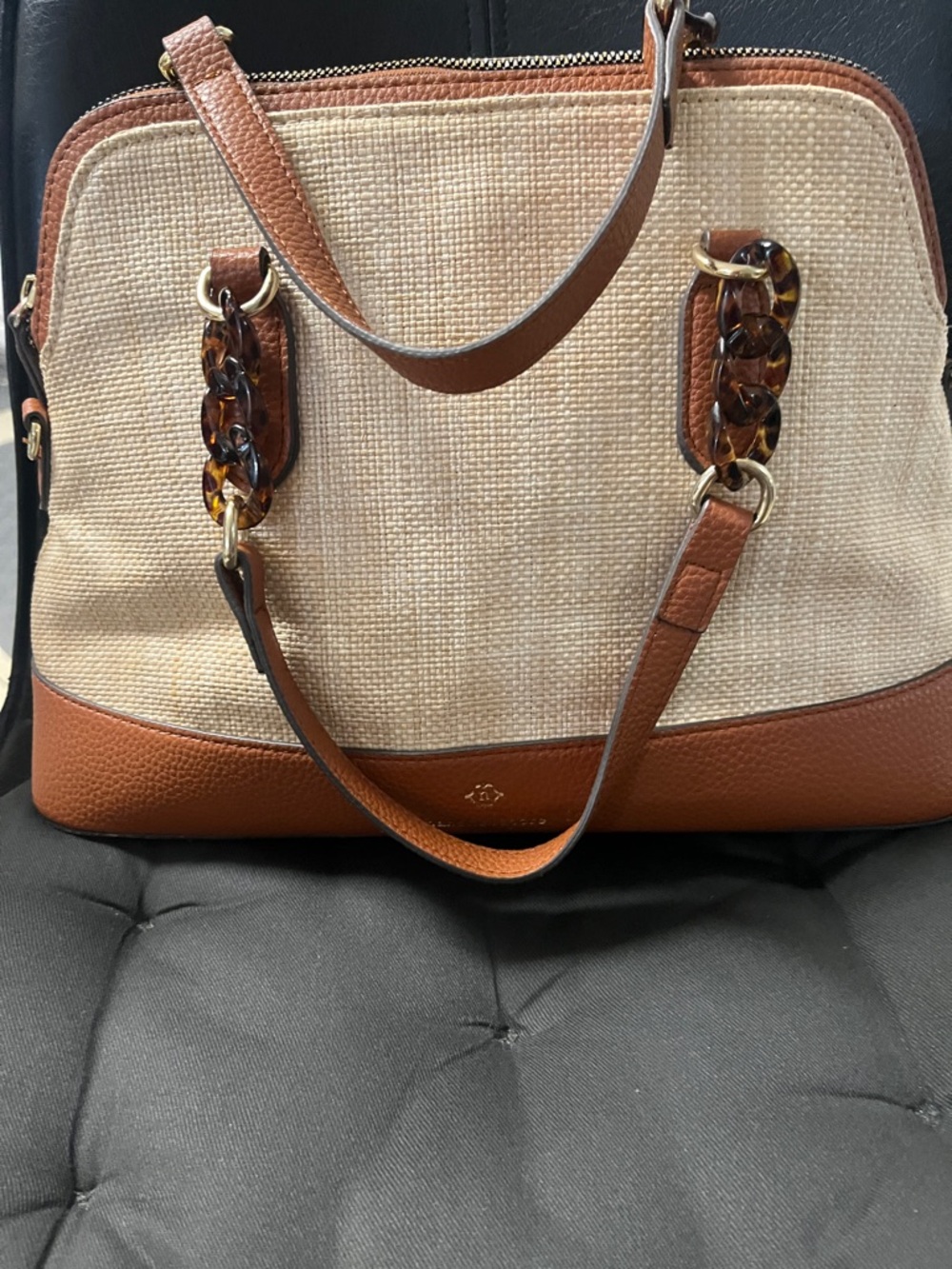 Nanette Lepore Cream and Brown Woven Satchel with Tortoiseshell Accents - Picture 3 of 8